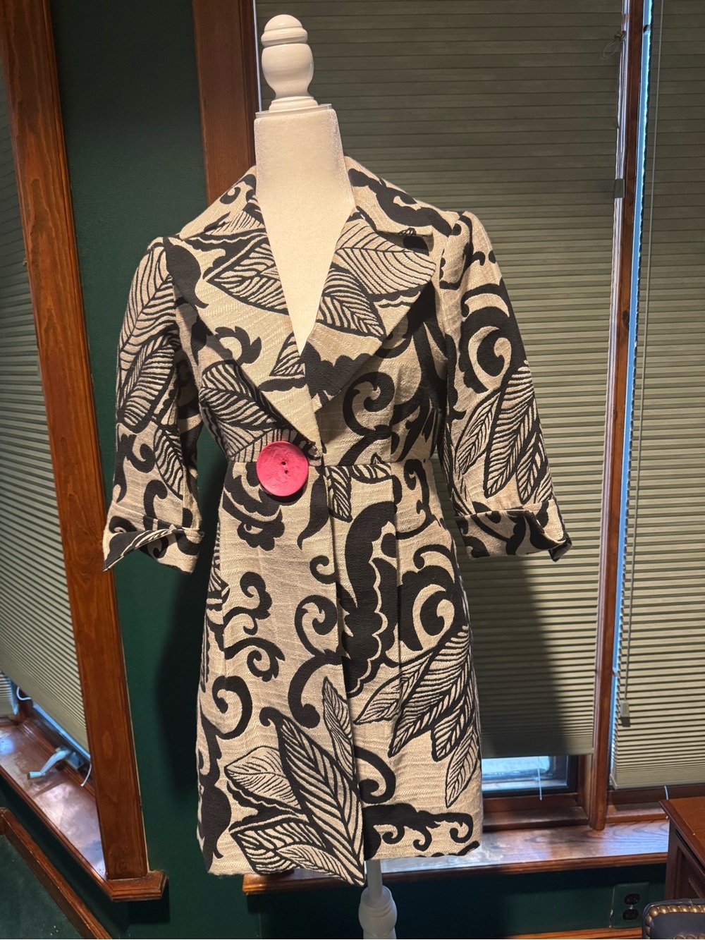 3 Sisters Black & Cream Printed Trench Coat with Pink Button Accent
